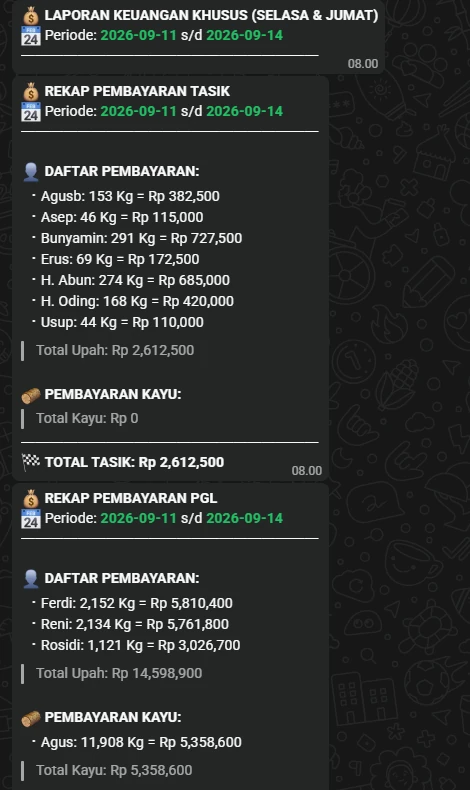WAHA Bot: Rekap Pembayaran Pucuk Teh & Kayu Pabrik